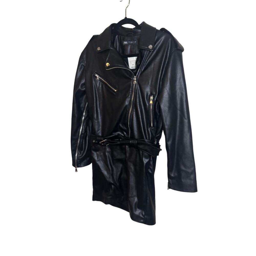 Zara Faux Leather Moto Dress NWT Size S Black Mini Biker Zip Belted - Picture 5 of 11